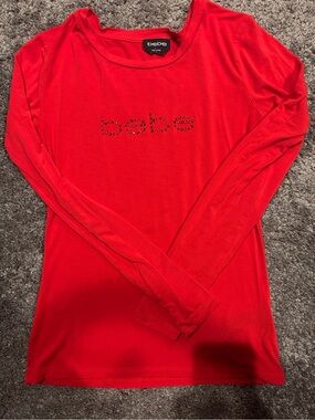 bebe Red Long Sleeve Rhinestone Logo Top S